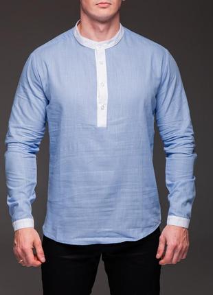 Мужская рубашка льняная с белыми вставками, длинный рукав голубая2 фото