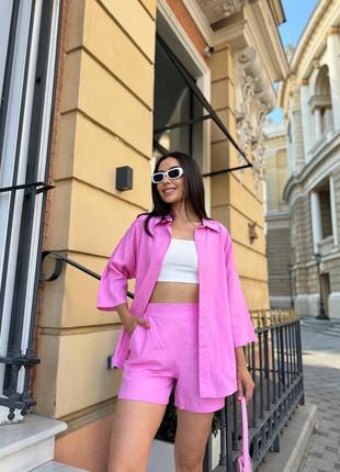 Женский льняной костюм двойка шорты рубашка,женский летающий костюм двойка шорты рубашка лён