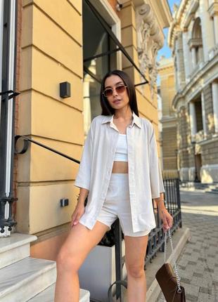 Женский льняной костюм двойка шорты рубашка,женский летающий костюм двойка шорты рубашка лён