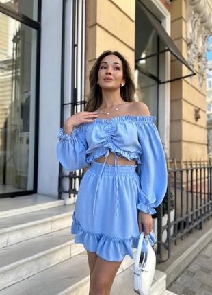 Костюм топ і спідниця міні з рюшами креп жатка3 фото