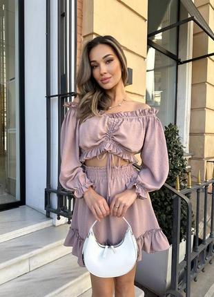 Костюм топ і спідниця міні з рюшами креп жатка5 фото