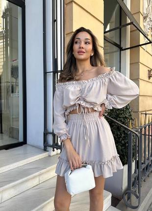 Костюм топ і спідниця міні з рюшами креп жатка8 фото