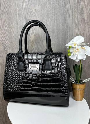 Качественная женская сумка под рептилию, лаковая сумочка для женщин рептилия черная
