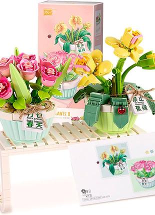 3d конструктор набор строительных блоков loz 1673 мини роза тюльпан в горшке 409 деталей пластиковый ve-33