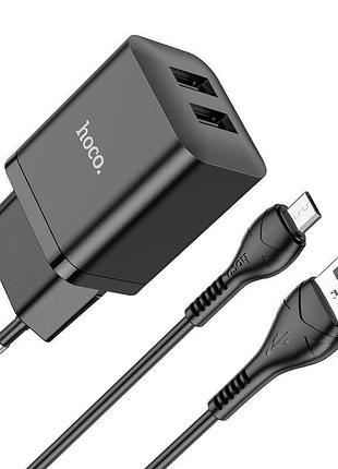 Сетевое зарядное устройство usb hoco n25 2.1a 2 usb + кабель micro usb black