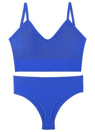 Бесшовный комплект женского белья в рубчик трусы и топ 1608# синий l 80 abc ve-33