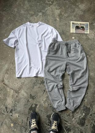 Комплект: штани сірі, бежеві або чорні базові base тринитка петля + футболка оверсайз біла⚪️2 фото