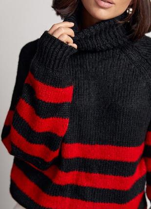 Вязаный женский свитер в полоску - красный цвет, s (есть размеры)4 фото