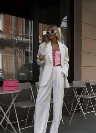 Жіночий брючний костюм, широкі штани палаццо, піджак, жакет, класичний, оверсайз, вільного крою, брюки з костюмної тканини, сірий, білий, рожевий