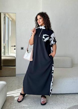 Длинное комбинированное платье на лето черное (размеры 48/50, 52/54, 56/58)