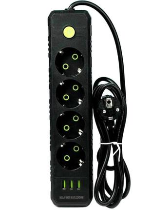 Подовжувач мережевий ua power f44u 3 usb на 4 розетки 4м чорний