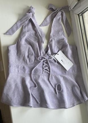 Фиолетовая блуза без рукавов топ майка сиреневая облегающая под грудью свободная в животе с шнуровкой имитацией корсета с бретелями на завязках бантами