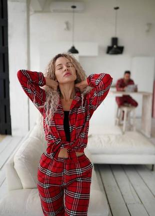 Женская пижама с брюками штанами парная фланелевая красная в клетку комплект рубашка брюки s-3xl