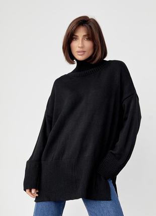 Женский вязаный свитер oversize с разрезами по бокам - черный цвет, s (есть размеры)9 фото