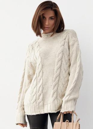 Вязаный свитер с косами oversize - бежевый цвет, l (есть размеры)5 фото