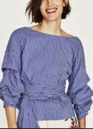 Рубашка блуза zara синяя/ белая полоска на запах,44-46 р.