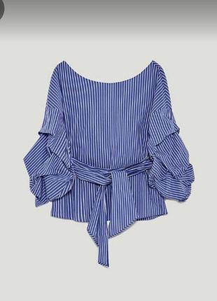 Рубашка блуза zara синяя/ белая полоска на запах,44-46 р.