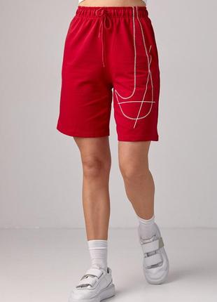 Женские трикотажные шорты с вышивкой - красный цвет, s (есть размеры)
