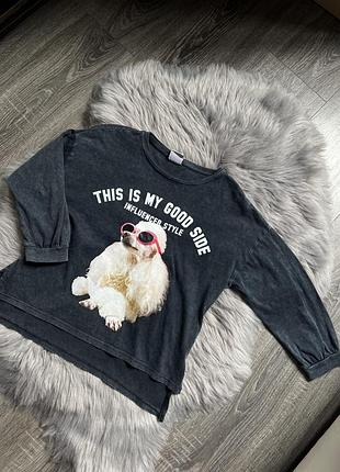 Модная хлопковая кофточка свитшот тренд вареная варенка графитовая серая с песиком зара zara