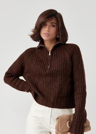 Женский вязаный свитер oversize с воротником на молнии - коричневый цвет, l (есть размеры)6 фото