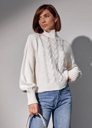 В'язаний жіночий светр із косами — молочний колір, l (є розміри)5 фото