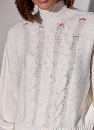 В'язаний жіночий светр із косами — молочний колір, l (є розміри)4 фото