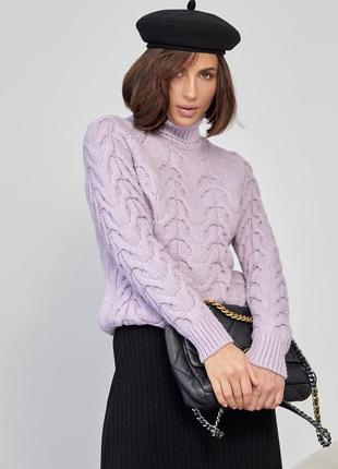 Женский свитер из крупной вязки в косичку - лавандовый цвет, l (есть размеры)6 фото
