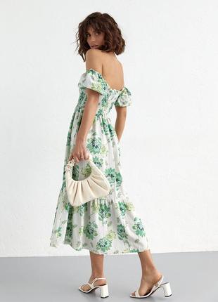 Летнее платье в цветочный узор с открытыми плечами - зеленый цвет, l (есть размеры)2 фото