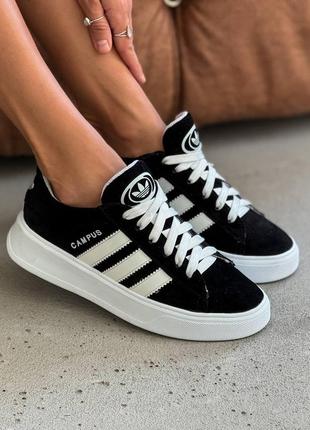 Женские черные кроссовки в стиле adidas campus с белыми полосками и белой подошвой, из натуральной замши.