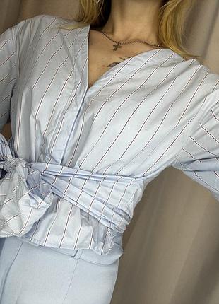 Рубашка жіноча сорочка блуза від бренду h&m голуба в полоску жіноча волани котон з бантом
