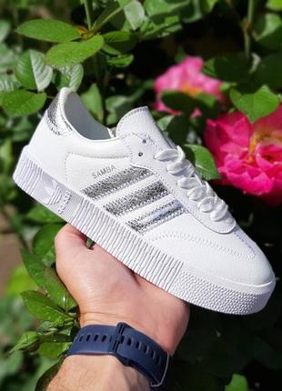 Adidas samba белые с серебром кроссовки женские кожаные кожа весенние осенние демисезонные демисезонное качество низкие адидас самба