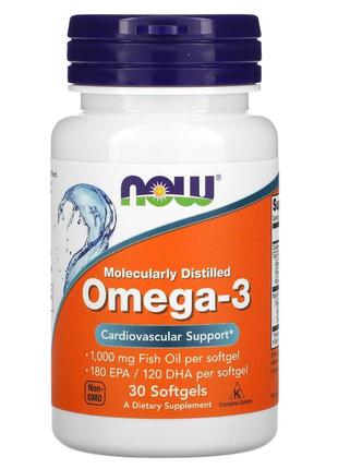 Омега-3, молекулярная дистилляция, 30 капсул now foods