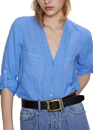 Блуза сорочка zara linen blue roll up sleeves blouse зі свіжих колекцій 100% linen  size l1 фото