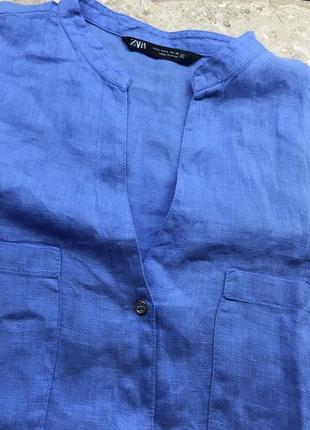 Блуза сорочка zara linen blue roll up sleeves blouse зі свіжих колекцій 100% linen  size l2 фото