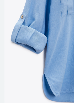 Блуза сорочка zara linen blue roll up sleeves blouse зі свіжих колекцій 100% linen  size l4 фото
