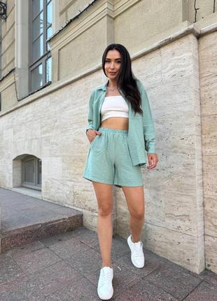 Костюм с шортами женский легкий повседневный на лето летний зеленый синий белый черный...