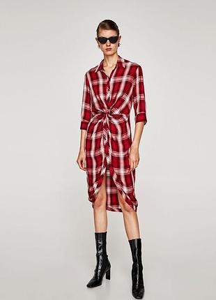 Сукня сорочка в клітку zara,платье рубашка на запах с узлом в клетку красное черное zara