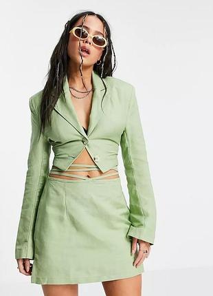 Льняная мини юбка bershka салатовая, зеленая, размер xs 2