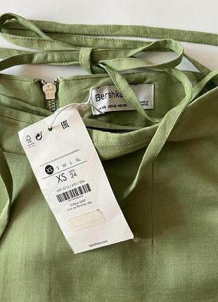 Льняная мини юбка bershka салатовая, зеленая, размер xs 6