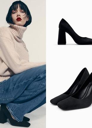 Шкіряні замшеві туфлі на широких підборах із квадратним носком zara