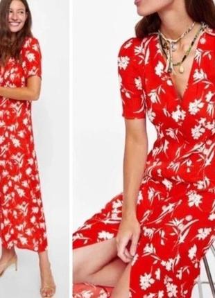 Червона квіткова сукня з розрізом zara