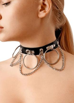 Чокер із натуральної шкіри з кільцями ланцюжки ланцюги підвіска підвіски натуральна шкіра, металева