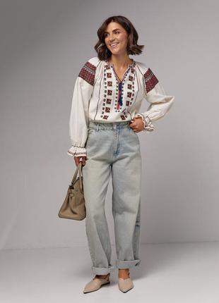 Жіноча вишиванка на зав'язках із рукавами-регланами — молочний колір, s (є розміри)8 фото
