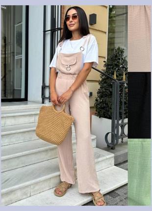 Комбінезон брючний льняний жіночий ромпер комбез на тонких бретелях зі штанами палаццо чорний оливковий бежевий льон жатка