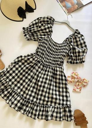 Короткое платье в клетку с пышными рукавами 100% хлопок р. s