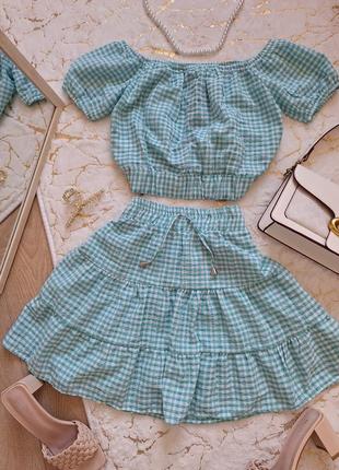Костюм з бавовни топ і спідниця в клітинку м'ятного кольору з натуральної тканини на літо
