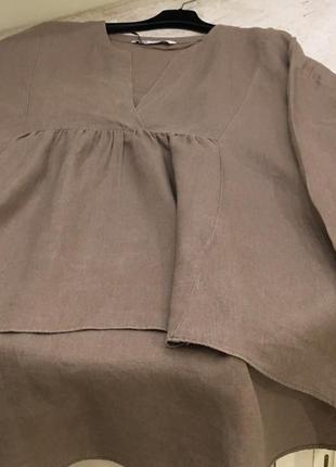 Блуза из льна zara linen blouse beige coffee 100% linen size xxl батал6 фото