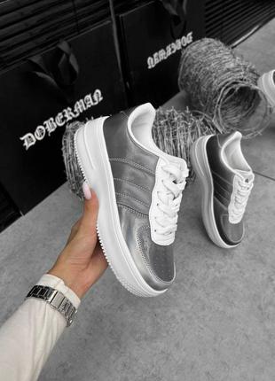 Кросівки кеди жіночі сріблясті сірі переливаються з білою платформою6 фото