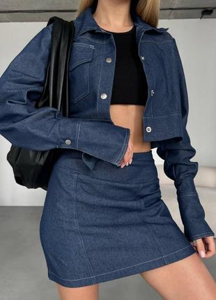 Женский джинсовый костюм с короткой юбкой мини пиджак2 фото