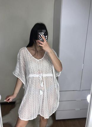 Туніка-парео біла мереживна накидка на купальник 👙